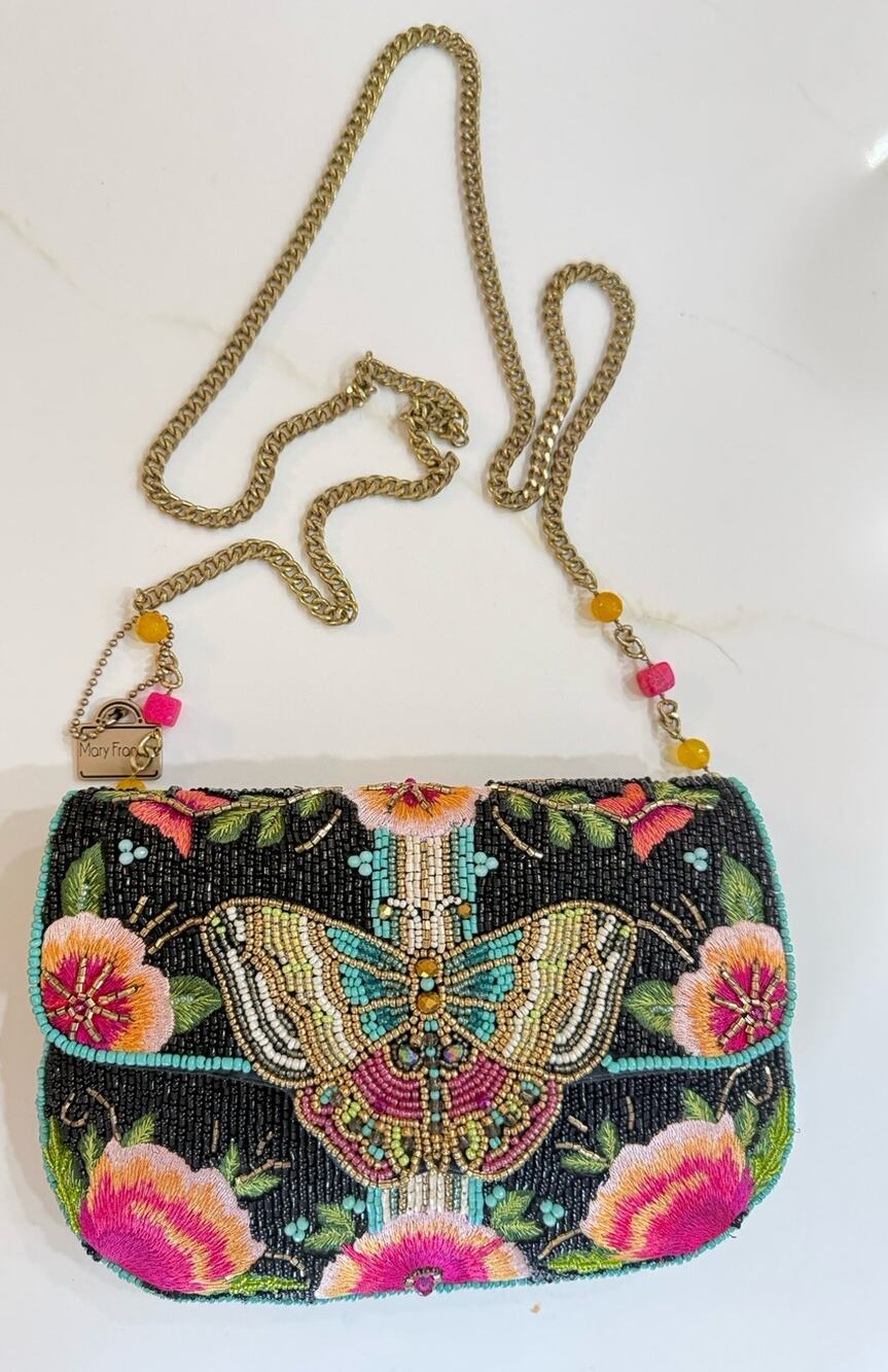 Mary Frances DREAM CHASER Black Multicolor Butterfly Flowers With Dust Bag